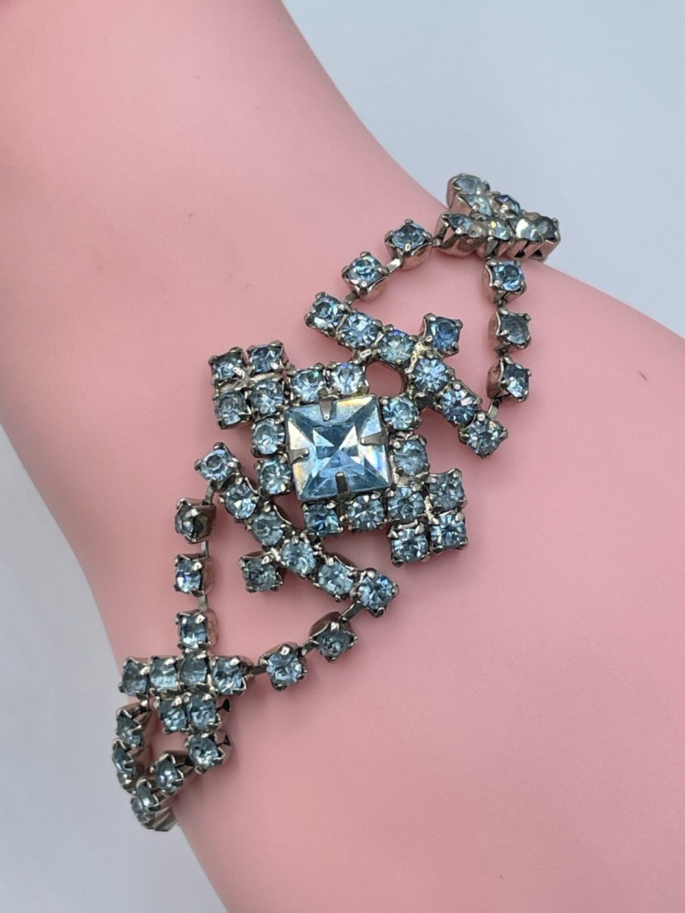 Vintage Aqua Blue Crystal Art Deco Tennis Bracelet Silver Designer Look